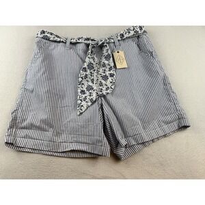 St Johns Bay Women's Shorts Blue White Striped Cuffed, Sz 16 Tie Belt NWT